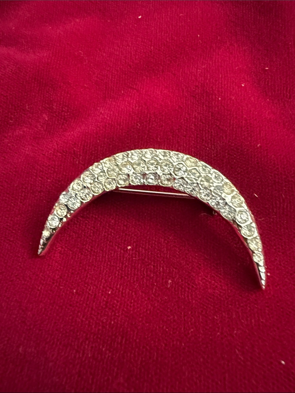 Rhinestone Crescent Moon Brooch - Silver Crystal Accent